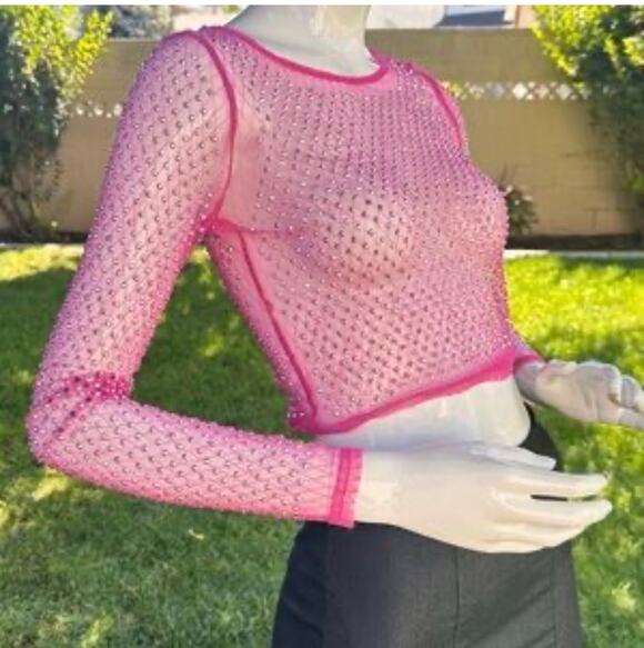 top chic Tops - Top Chic hot pink sheer mesh long-sleeve crop top embellished rhinestones medium